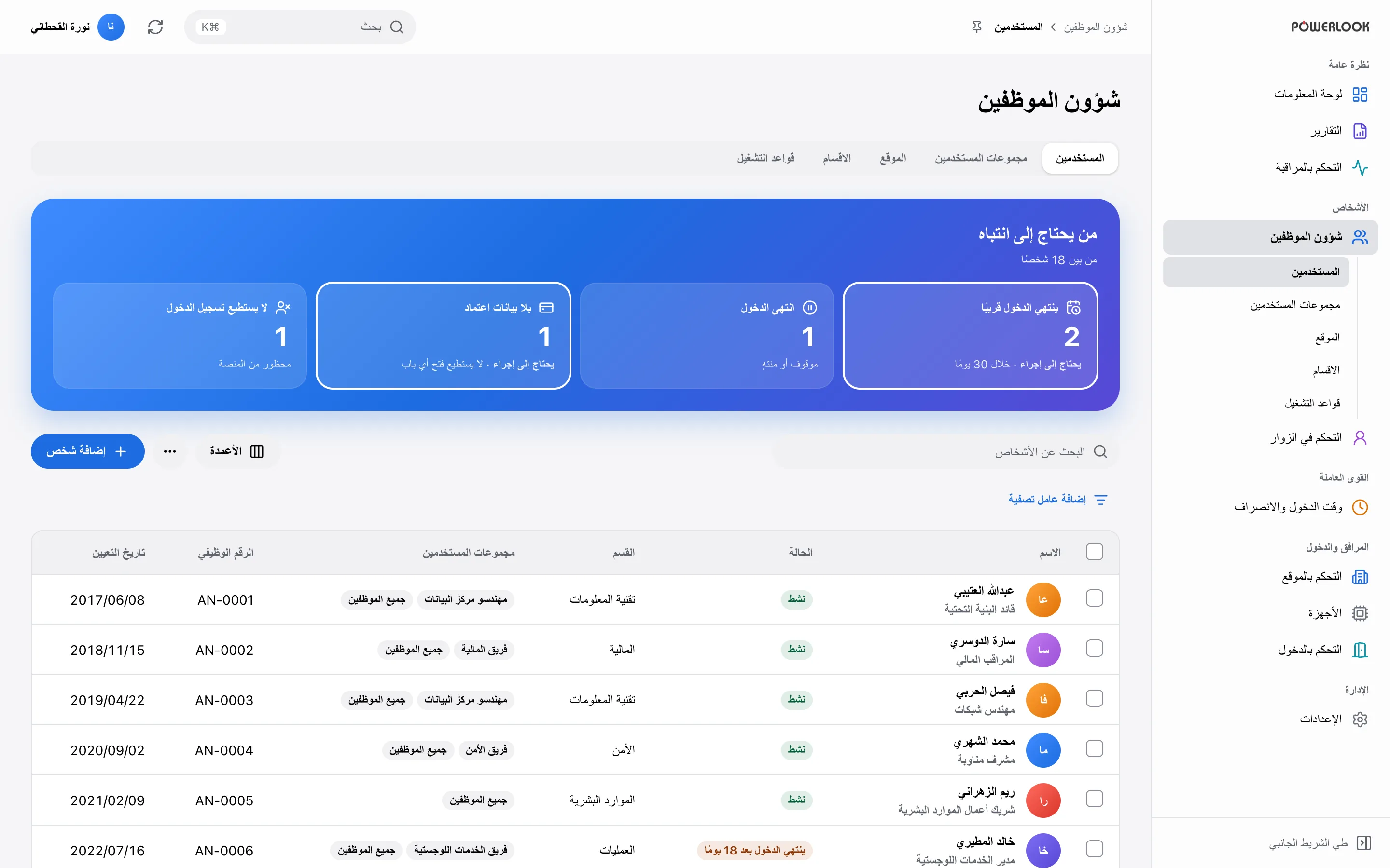 الموظفون: أدِر ملف كل شخص ووسائل دخوله ومجموعاته وصلاحياته من مكان واحد. وحين تتغير صلاحيته، يتبعه التغيير في المبنى كله.