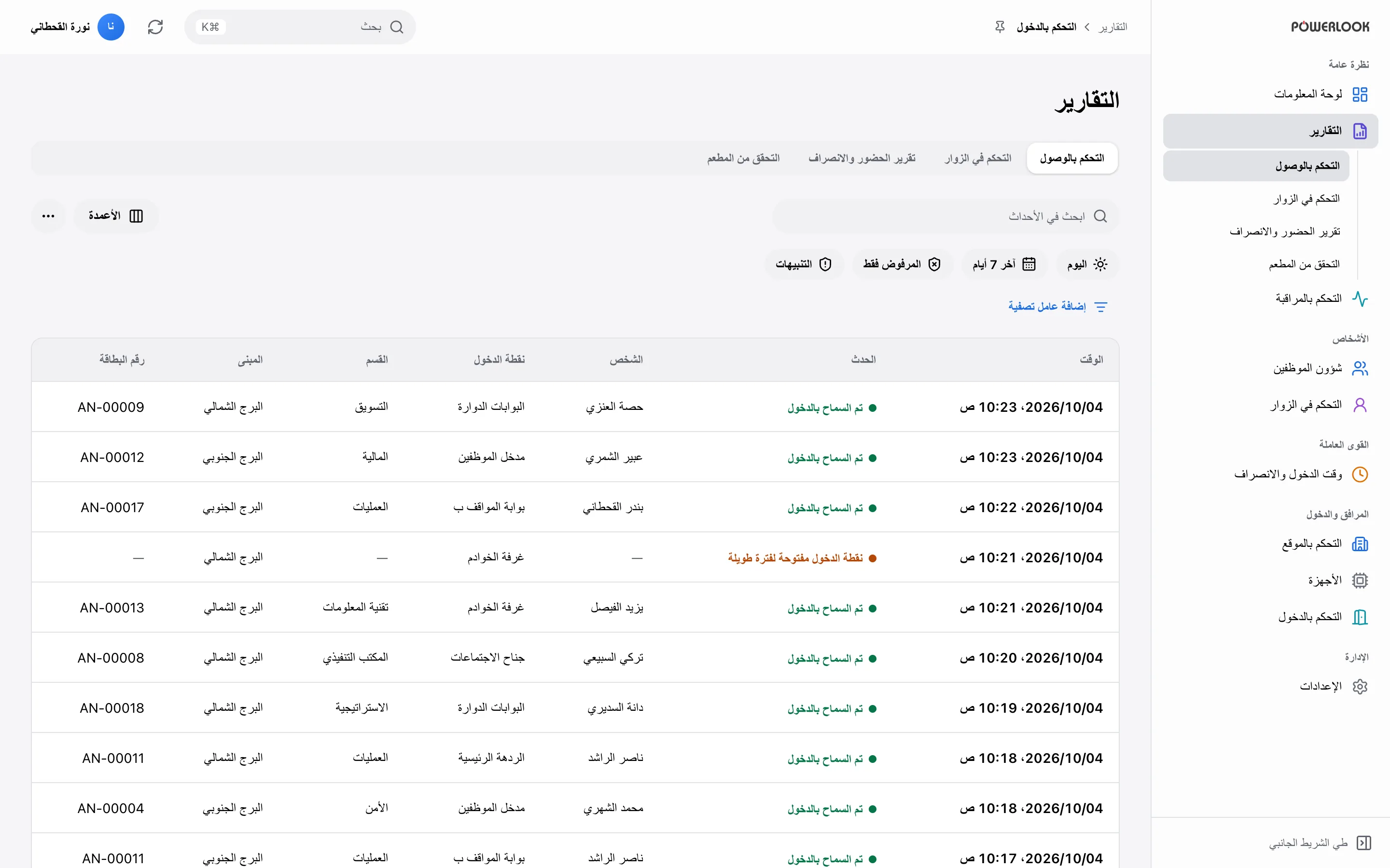 التقارير: راجع نشاط الدخول والزوار والحضور على الشاشة، أو صدّره للتحليل والتدقيق.